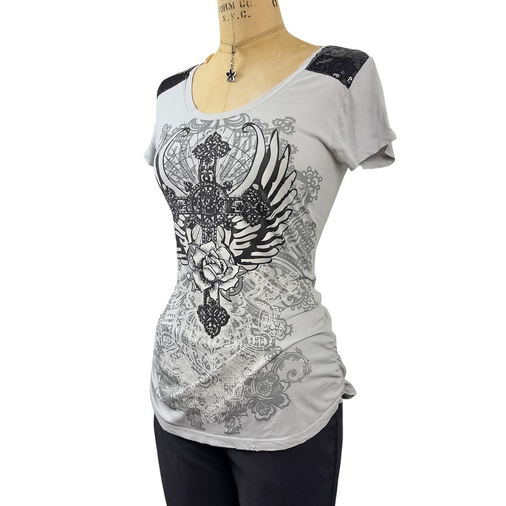 Y2K McBling Graphic Top Sequin Shoulder Ruched Side Cross Print Edgy Grunge Sz S - Picture 2 of 6